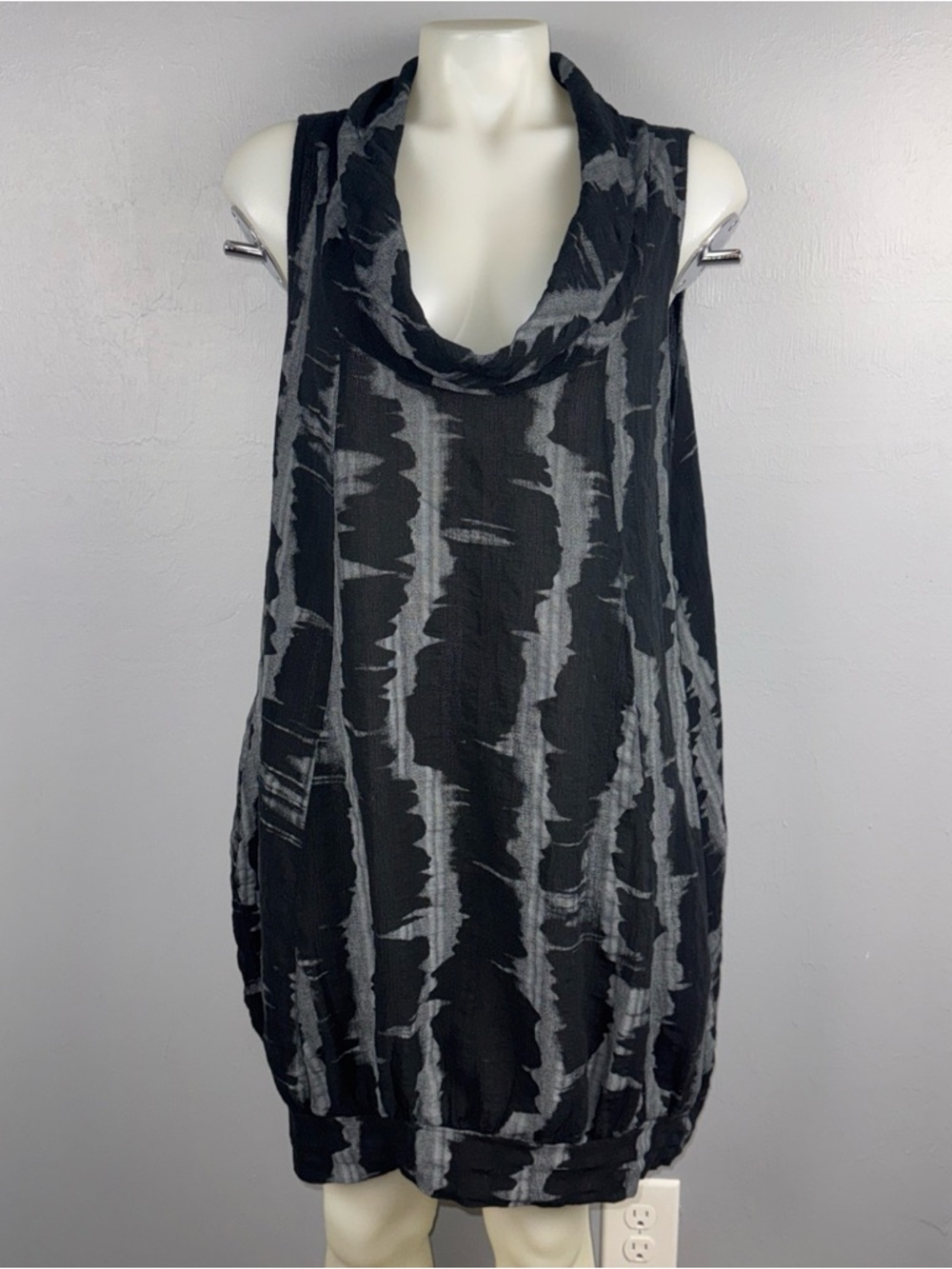 TEMPO PARIS Balloon Dress XL Black Gray Cowl Neck Semi Sheer Gauzy Lagenlook Art